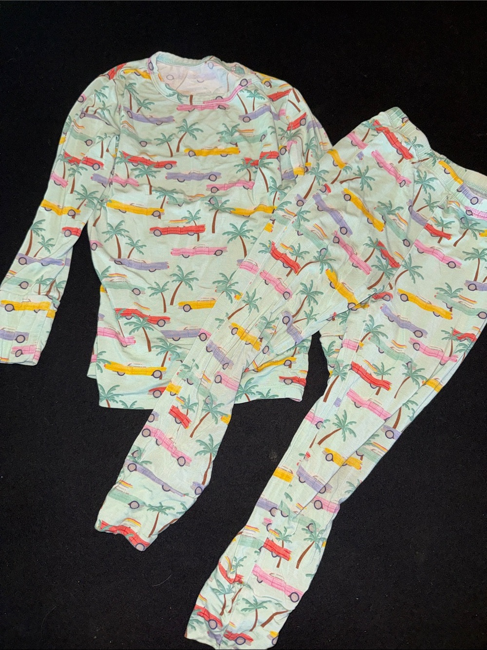 Kids Long Sleeve Pajama Set in Mint with Surf Car Print